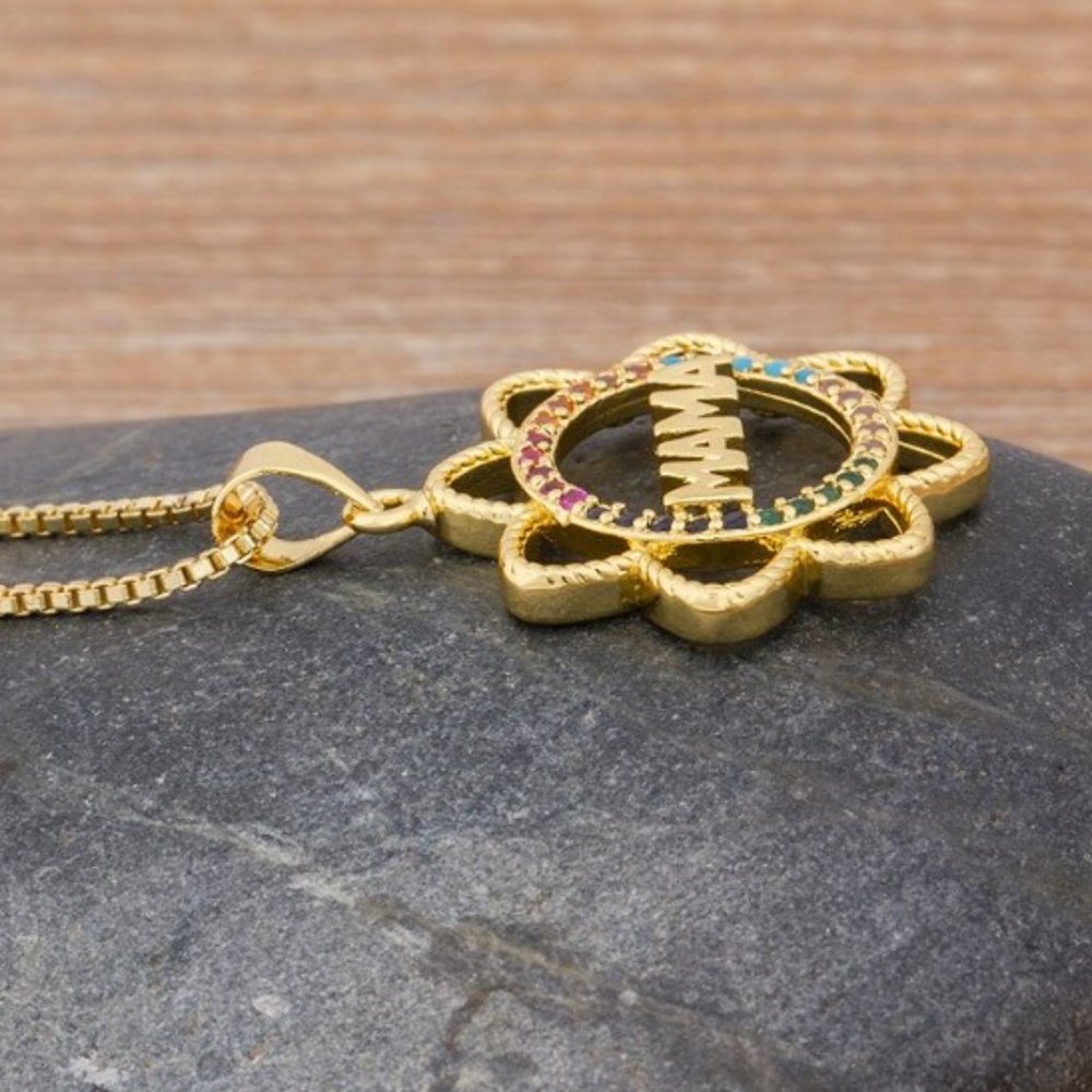 Mama Sunflower & Rainbow Crystals Necklace - Gold Plated Copper & Crystals - Picture 7 of 13